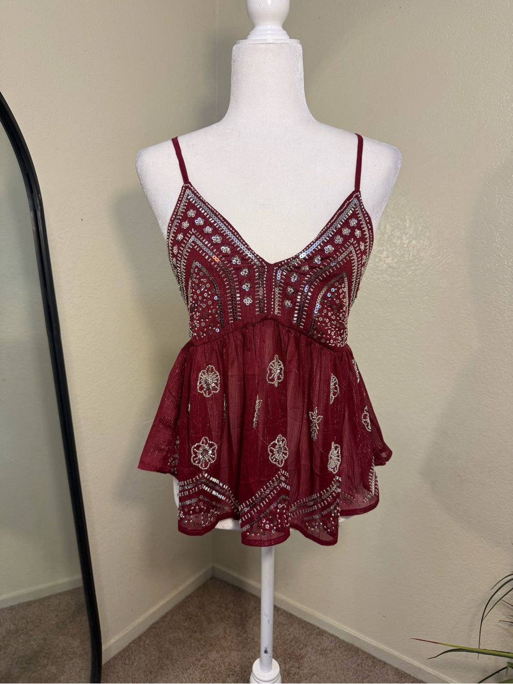 Beaded Burgundy Women's Spaghetti Strap Top